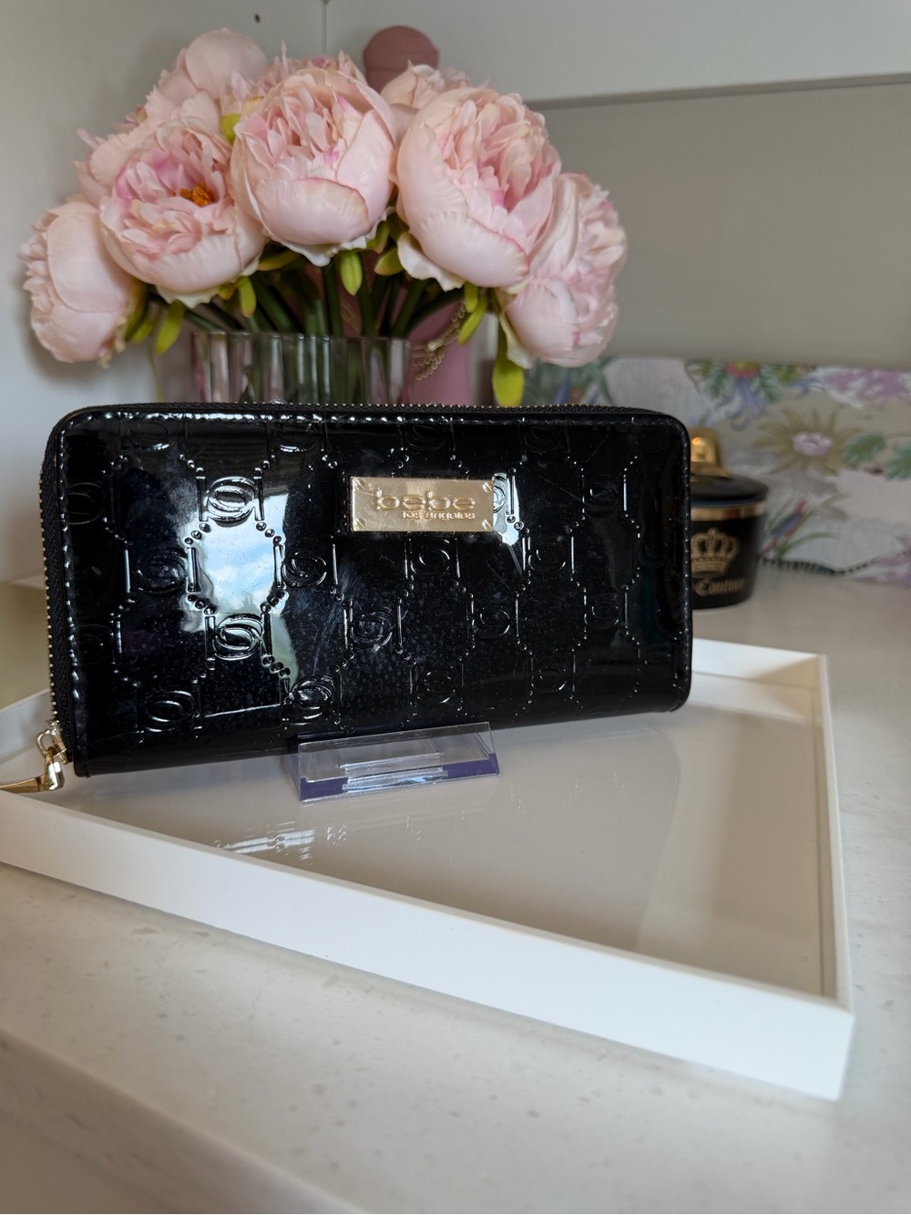 Bebe Black Patent Zip-Around Wallet with Gold Logo Plate NEW Gorgeous